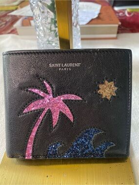Saint Laurent Black Leather Wallet with Pink Palm, Blue Wave and Gold Star